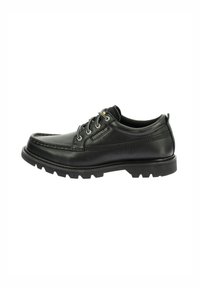 Scarpa in pelle nera con punta rotonda, chiusura con lacci, parte superiore testurizzata e suola in gomma spessa. Presenta un logo sul lato e dettagli di cucitura.