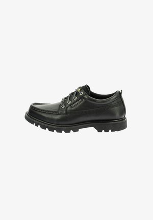 Zwarte leren schoen met een ronde neus, vetersluiting, gestructureerd bovenwerk en een chunky rubberen zool. Bevat een logo aan de zijkant en stikseldetails.