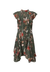 Floral-patterned dress in dark green with short sleeves, structured bodice, and asymmetrical hem, featuring pleats and a soft, lightweight texture.