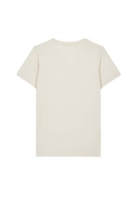 Camiseta de manga corta, de color beige claro, hecha de algodón suave. Presenta un cuello redondo clásico y un corte recto. Sin patrones ni acentos visibles.