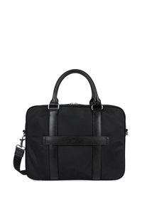 Sac à dos pour ordinateur portable en nylon noir avec des accents en cuir, doté de deux poignées, d'une bandoulière amovible et d'une fermeture à glissière.