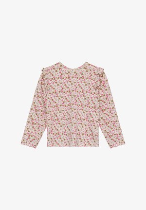 Blusa de manga larga en tela ligera con un estampado floral que presenta flores rosas y marrones, detalles de volantes en los hombros y escote redondo.