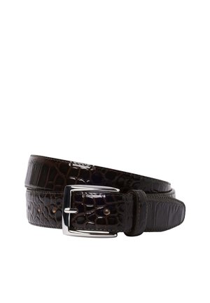 Ceinture en cuir brun foncé brillant à texture crocodile avec une boucle rectangulaire en métal argenté, roulée sur un fond blanc.