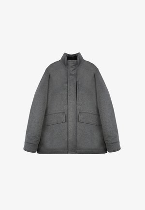Grau Wolljacke mit hohem Kragen, zwei Vordertaschen und Reißverschluss; verfügt über eine leicht strukturierte Oberfläche und gepolsterte Verarbeitung.