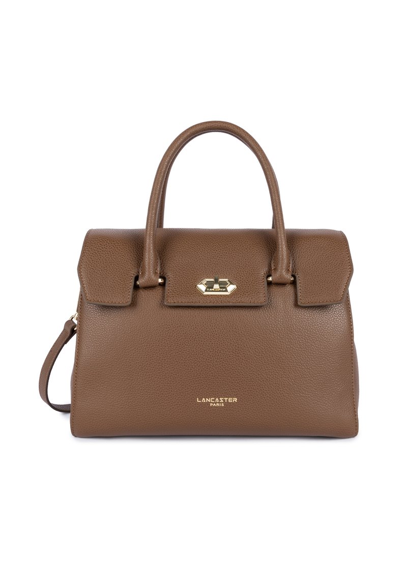 Borsa a tracolla in pelle marrone con un design strutturato, doppi manici superiori, chiusura a pattina magnetica e dettagli del logo in hardware dorato.