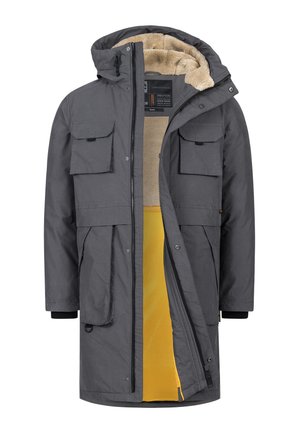 Grijze parka jas met een bontgevoerd capuchon, meerdere frontzakken en een contrasterende gele voering. Voorzien van een ritssluiting aan de voorkant en verstelbare manchetten.