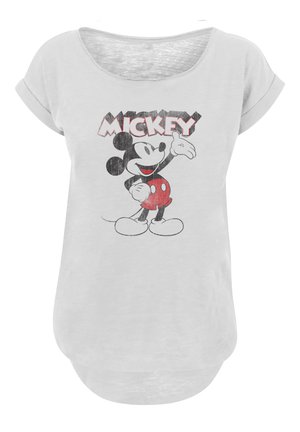 Hallitusseente lühikeste varrukatega helesinine T-särk, millel on graafika Mickey Mouse'ist punastes pükstes ja mustades aktsentides, ümardatud äärega ja pehmest tekstuurist.