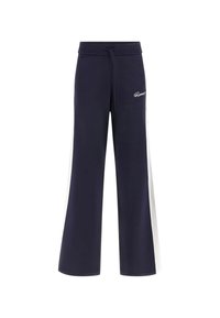 Marineblauwe joggingsbroek met een trekkoord in de taille, voorzien van witte zijkanten en logo-details. Gemaakt van zachte jersey stof, met een wijde pasvorm.