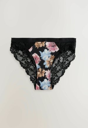 Black floral lace panties with a satin waistband. Features a black background with pink and blue floral patterns on the fabric.