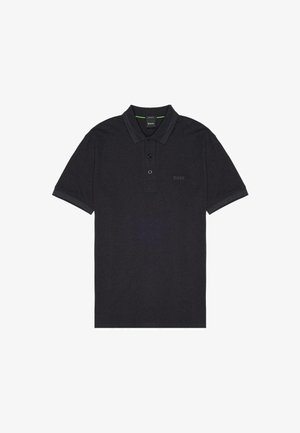 Polo shirt gris foncé en coton, avec une patte de boutonnage à deux boutons, un col côtelé et un logo de la marque discret sur la poitrine.