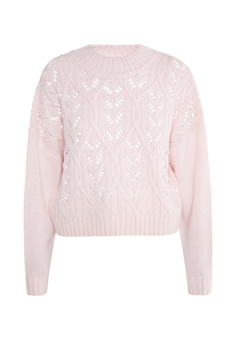 Pull tricoté rose clair avec motifs torsadés et ajourés, col rond côtelé, poignets et ourlet, présenté sur fond blanc.