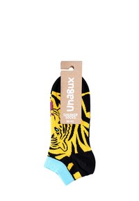 Calze nere per sneakers con un motivo a tigre in giallo e viola. Accento blu sulla parte superiore. Etichetta con la scritta "UnaBux Calze per Sneakers 36-40."