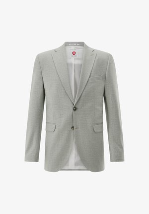 Hellgrauer Blazer aus strukturiertem Stoff, ausgestattet mit einer Zwei-Knopf-Front, gekerbten Revers und zwei Seitentaschen sowie einer Brusttasche.