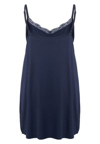 Canotta blu navy con spalline sottili e bordatura in pizzo sul colletto; realizzata in tessuto morbido, presenta una vestibilità comoda e una silhouette svasata.
