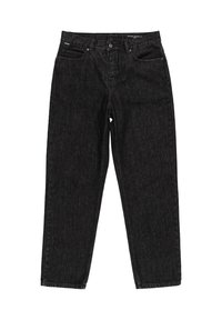 Černé džínové kalhoty s rovným střihem nohavic, pěti kapsami a zapínáním na knoflík. Tkanina má hladkou strukturu a jemné svislé linky.