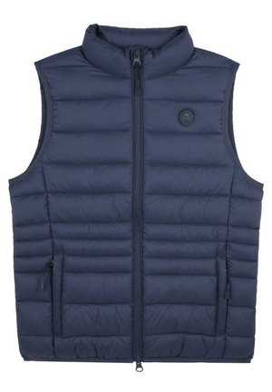 Marineblauwe puffer vest met hoge kraag, ritssluiting aan de voorkant en zijzakken. Gequilte structuur met horizontale lijnen, met een logo op de borst.