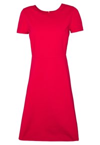 Lyhythihainen, polvipituinen punainen mekko, jossa on pyöreä kaula-aukko ja istuva vyötärö valkoisella taustalla.