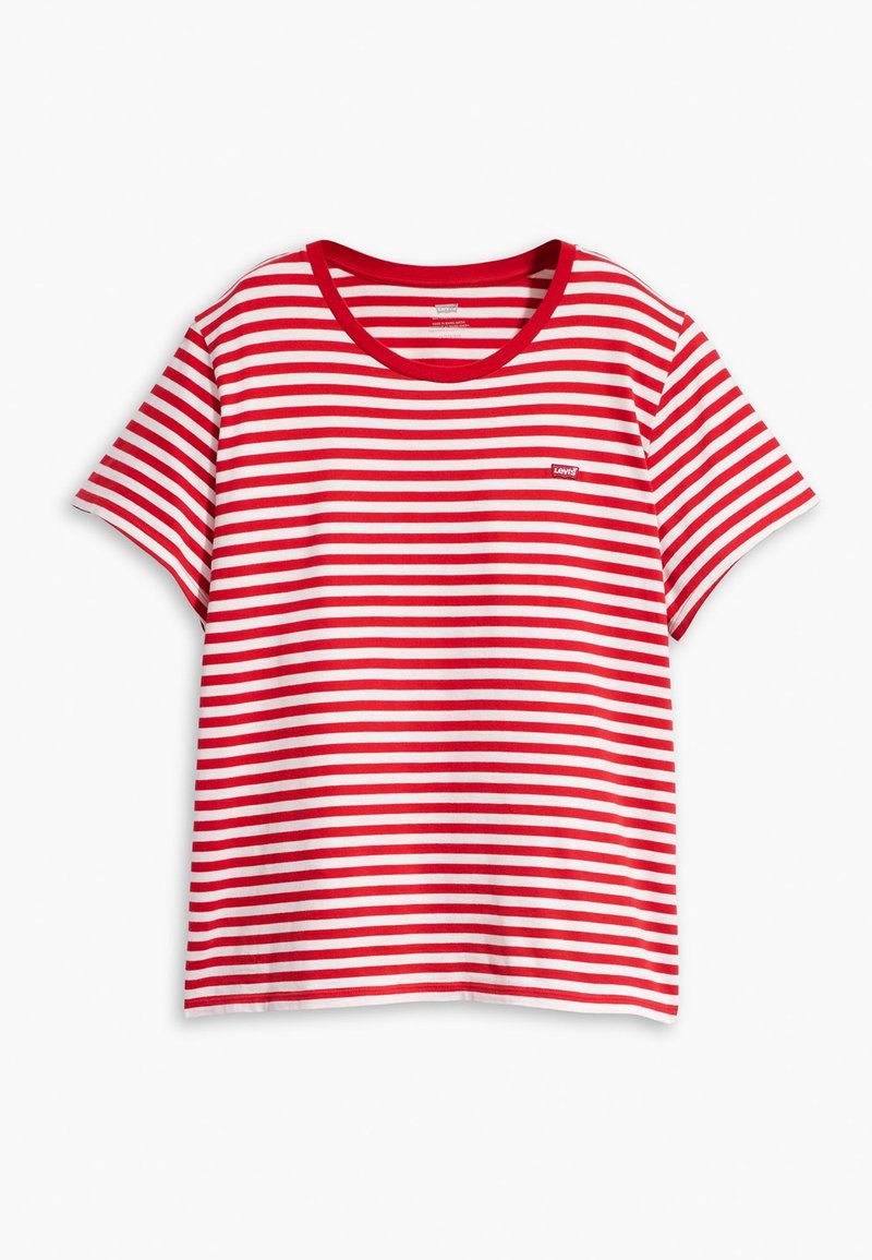 Rood-wit horizontaal gestreept T-shirt met korte mouwen, ronde hals en klein Levi's-logo op de linkerborst.