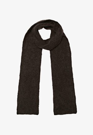 Écharpe en laine brun foncé et pelucheuse posée à plat avec une extrémité enroulée, montrant une texture douce et une forme rectangulaire sur fond blanc.