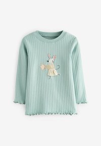 Helles blaues, geripptes Langarmshirt mit gestickter Maus, die einen Stern hält, und mit Rüschendetails an den Ärmelbündchen und dem Saum.