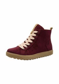 Maroon high-top sneakers made of suede, featuring beige laces and a textured rubber sole for grip. Ideal for casual wear.