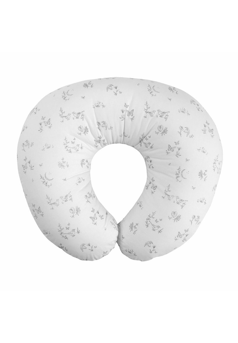 Almohada de lactancia en forma de U de color blanco, con un patrón delicado de flores, mariposas y pájaros en gris claro en la funda de tela.