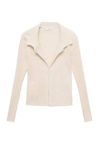 Cardigan a maniche lunghe in maglia a coste di un beige chiaro, con colletto ampio e chiusura anteriore con zip. Tessuto morbido, design aderente e senza decorazioni visibili.