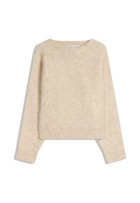 Beige gestrickter Pullover mit rundem Ausschnitt, langen Ärmeln und gerippten Bündchen. Weiche Textur mit einem leicht flauschigen Aussehen.