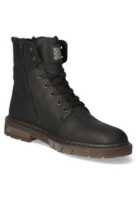 Black leather ankle boot featuring textured upper, lace and zipper closures, rubber sole with traction, and QR code detail on the strap.