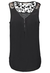Blouse noire sans manches avec fermeture éclair à l'avant et détails en dentelle florale sur les épaules et le haut du dos.