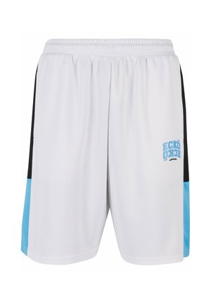 Valkoiset shortsit, joissa mustat ja vaaleansiniset sivupaneelit, joustava vyötärö ja ECKO-logo vaaleansinisellä vasemmassa lahkeessa.