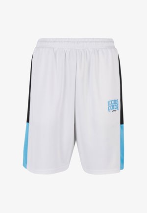 Valged lühikesed püksid mustade ja helesiniste külgpaneelidega, elastne vöökoht ning ECKO logo helesinises värvitoonis vasakul jalal.