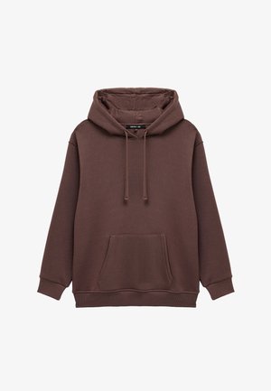 Brauner Kapuzenpullover aus weichem Material. Verfügt über eine Fronttasche, gerippte Bündchen und ein entspanntes Design.