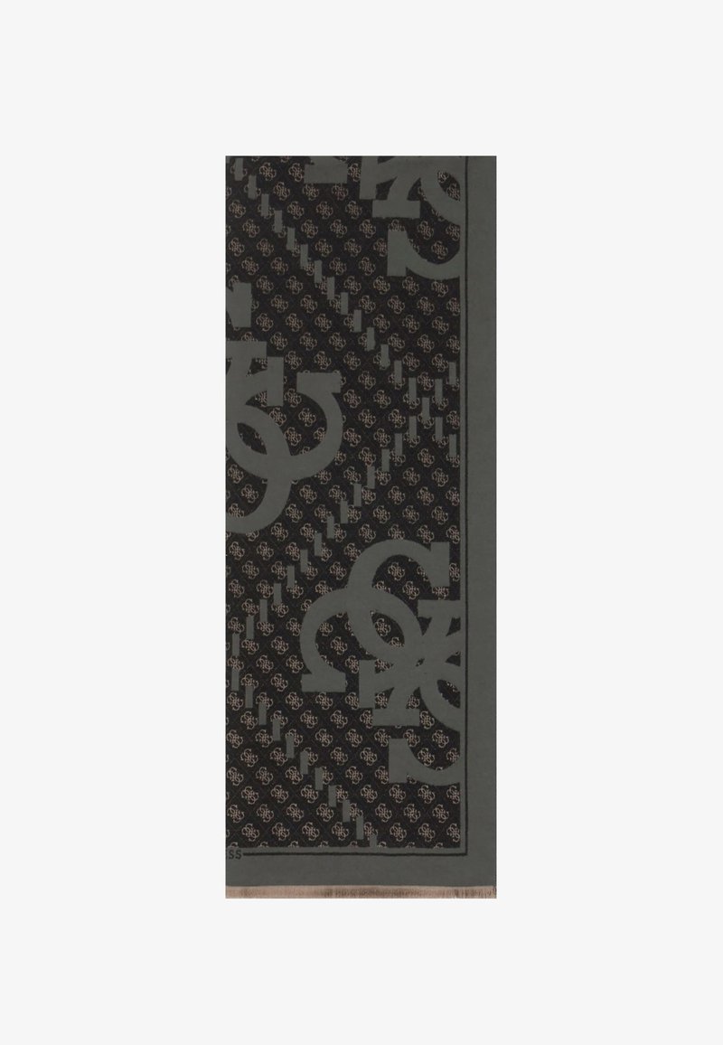 Mustat huivit, joissa on kuvioitu design, suuret harmaat kirjaimet ja pienemmät monimutkaiset motiivit. Reunat on viimeistelty hienovaraisella fringellä.