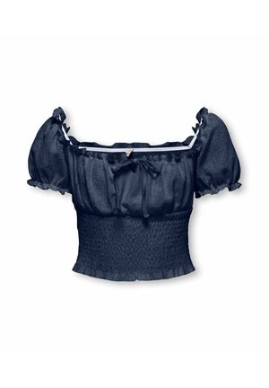 Marineblå off-shoulder crop top med pufærmer, smocket talje, flæsedetaljer og en lille knude foran.