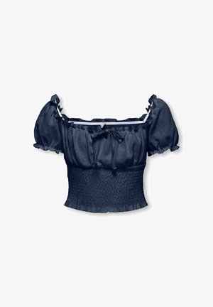 Marineblauw off-shoulder cropped top met pofmouwen, een gesmokte taille, ruches en een kleine strik aan de voorkant.