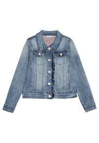 Džínová bunda světle modré barvy s klasickým střihem, zdobená volánkovým detailem na přední straně a zapínáním na stříbrné knoflíky. Obsahuje dvě kapsy na hrudi a dlouhé rukávy.