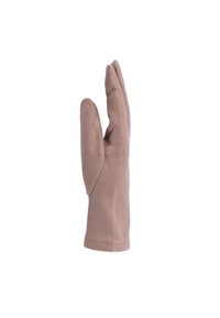 Guanto in pile marrone con una vestibilità aderente, caratterizzato da un design delle dita a tre parti e una texture liscia. Il materiale morbido offre calore e flessibilità.