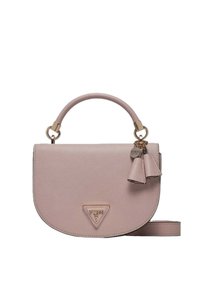 Borsa a tracolla in finta pelle rosa con una silhouette curva, hardware in tonalità oro, manico superiore e un accento a frange rimovibile. Logo triangolare sulla parte anteriore.