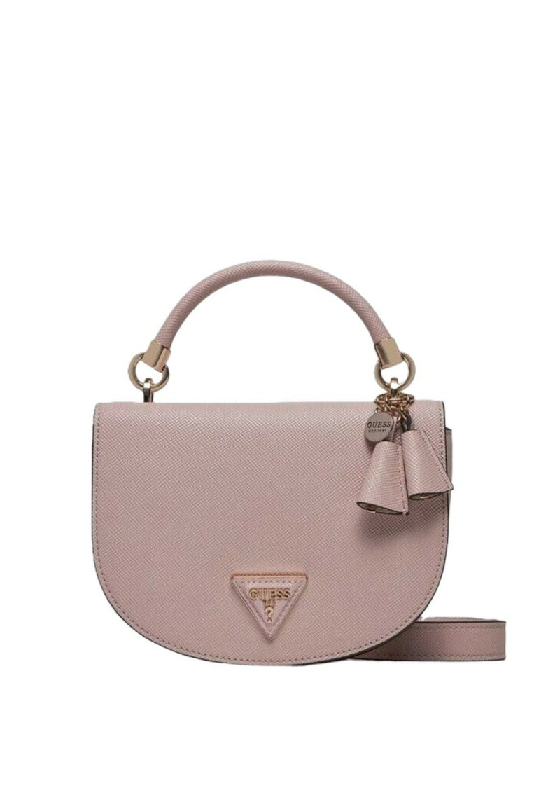 Borsa a tracolla in finta pelle rosa con una silhouette curva, hardware in tonalità oro, manico superiore e un accento a frange rimovibile. Logo triangolare sulla parte anteriore.