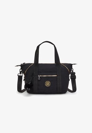 Black fabric handbag with gold accents, featuring dual top handles, a detachable strap, a front zip pocket, and a monkey charm accessory.
