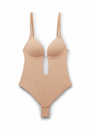 Bezešvý tělový body s vycpávanými košíčky, nastavitelnými tenkými ramínky, hlubokým výstřihem vpředu a zapínáním na druky v rozkroku.