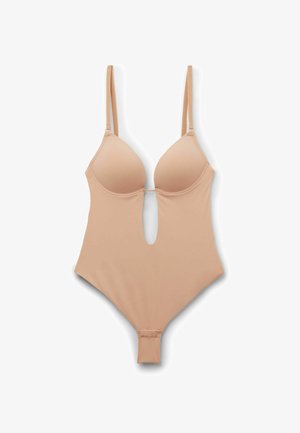 Bezešvý tělový body s vycpávanými košíčky, nastavitelnými tenkými ramínky, hlubokým výstřihem vpředu a zapínáním na druky v rozkroku.