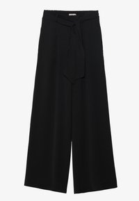 Black wide-leg pants featuring a textured fabric, an elastic waistband, and a detachable sash tie at the waist for adjustable fit.