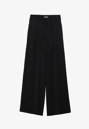 Schwarze weite Hosen aus strukturiertem Stoff, mit elastischem Bund und einem abnehmbaren Bindegürtel in der Taille für eine verstellbare Passform.