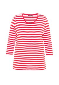 Gestreiftes T-Shirt mit langen Ärmeln in Rot und Weiß, mit rundem Halsausschnitt und lockerer Passform. Der Stoff wirkt weich und leicht.