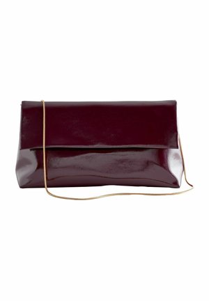 Glossy dark burgundy clutch purse with a gold chain strap, rectangular shape, and a folded flap closure.