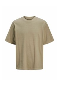 Kaki kortærmet t-shirt lavet af bomuld. Har en ribbet rundhals og en lige kant med en afslappet pasform. Glat tekstur.