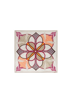 Square scarf with symmetrical floral pattern in orange, beige, lavender, and pink with geometric and arrow details on a white background.