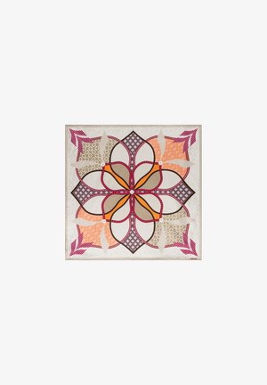 Square scarf with symmetrical floral pattern in orange, beige, lavender, and pink with geometric and arrow details on a white background.